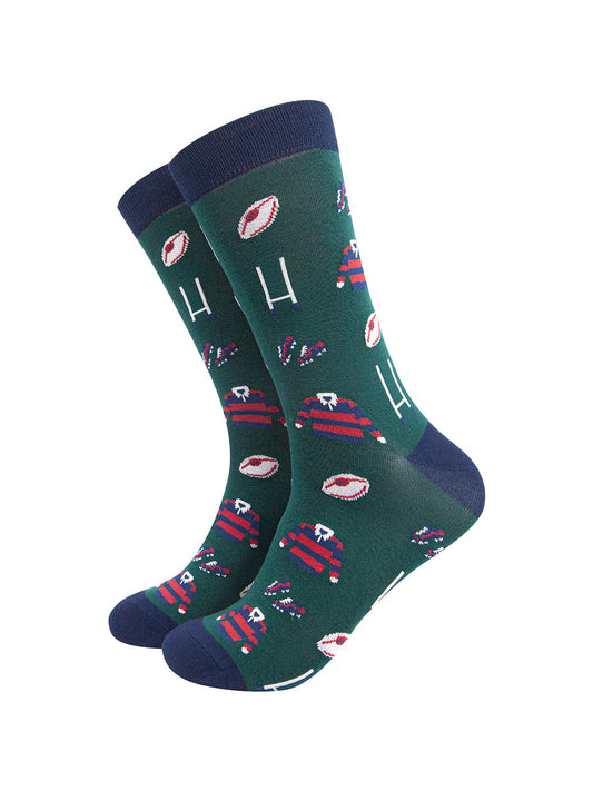 mens green rugby themed novelty dress socks featruing a red and blue rugby team kit , rugby ball and rugby goal posts