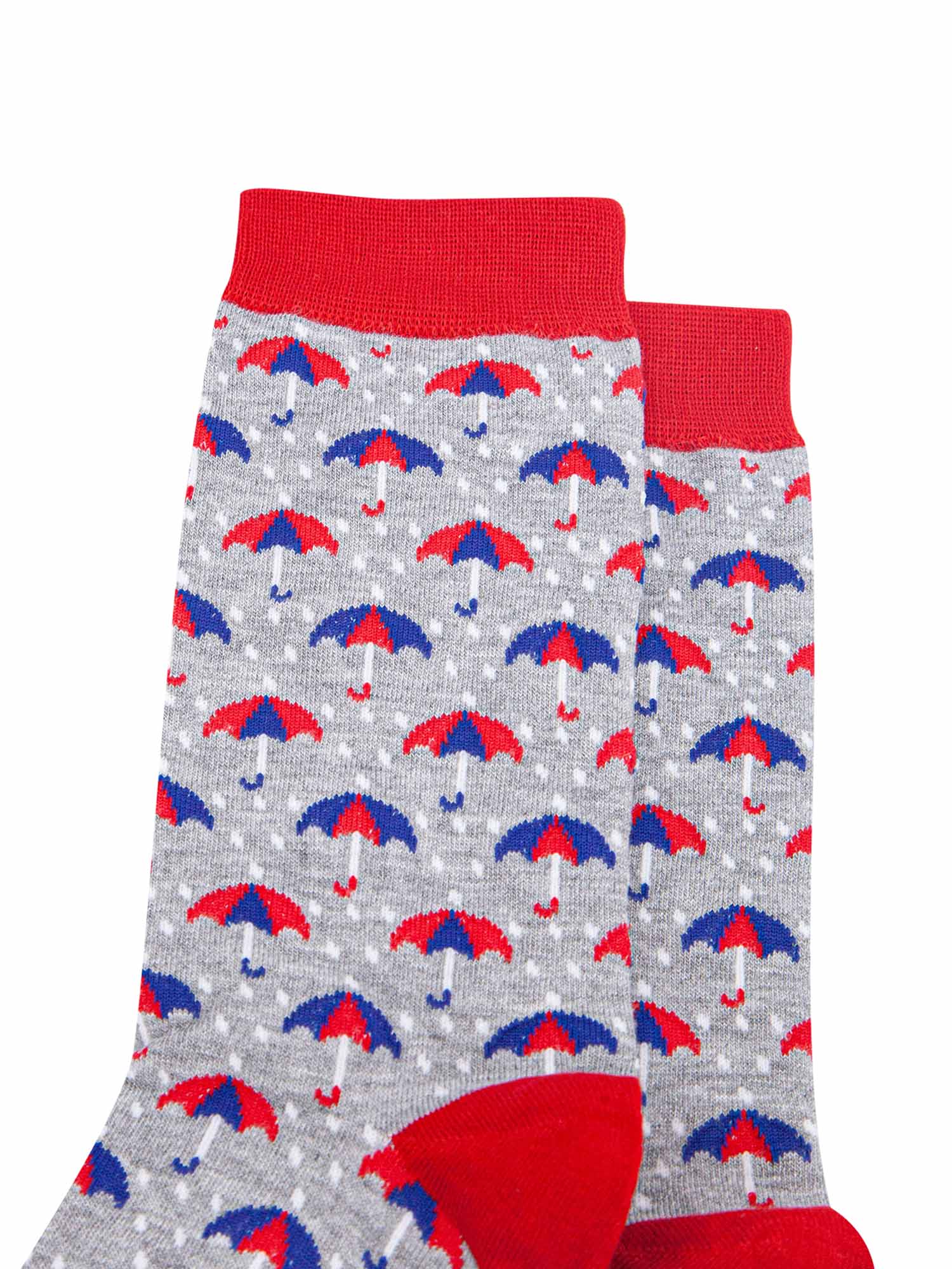 close up of the red and blue umbrella pattern on the bamboo socks