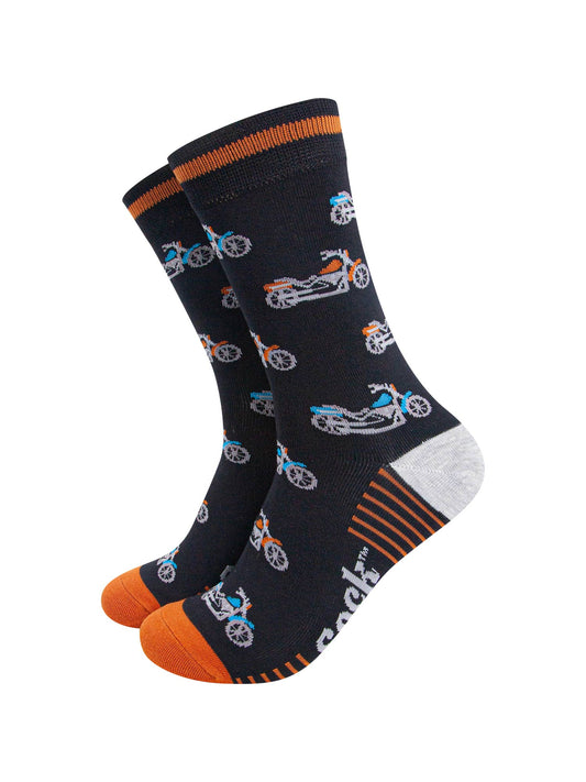 mens-bamboo-socks-black-orange-motorbikes-biker