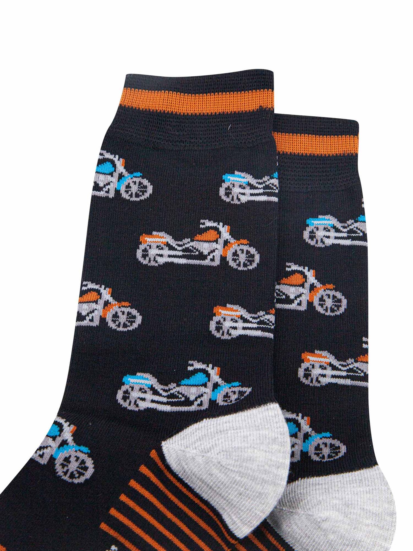 mens-bamboo-socks-black-orange-motorbikes-close-up