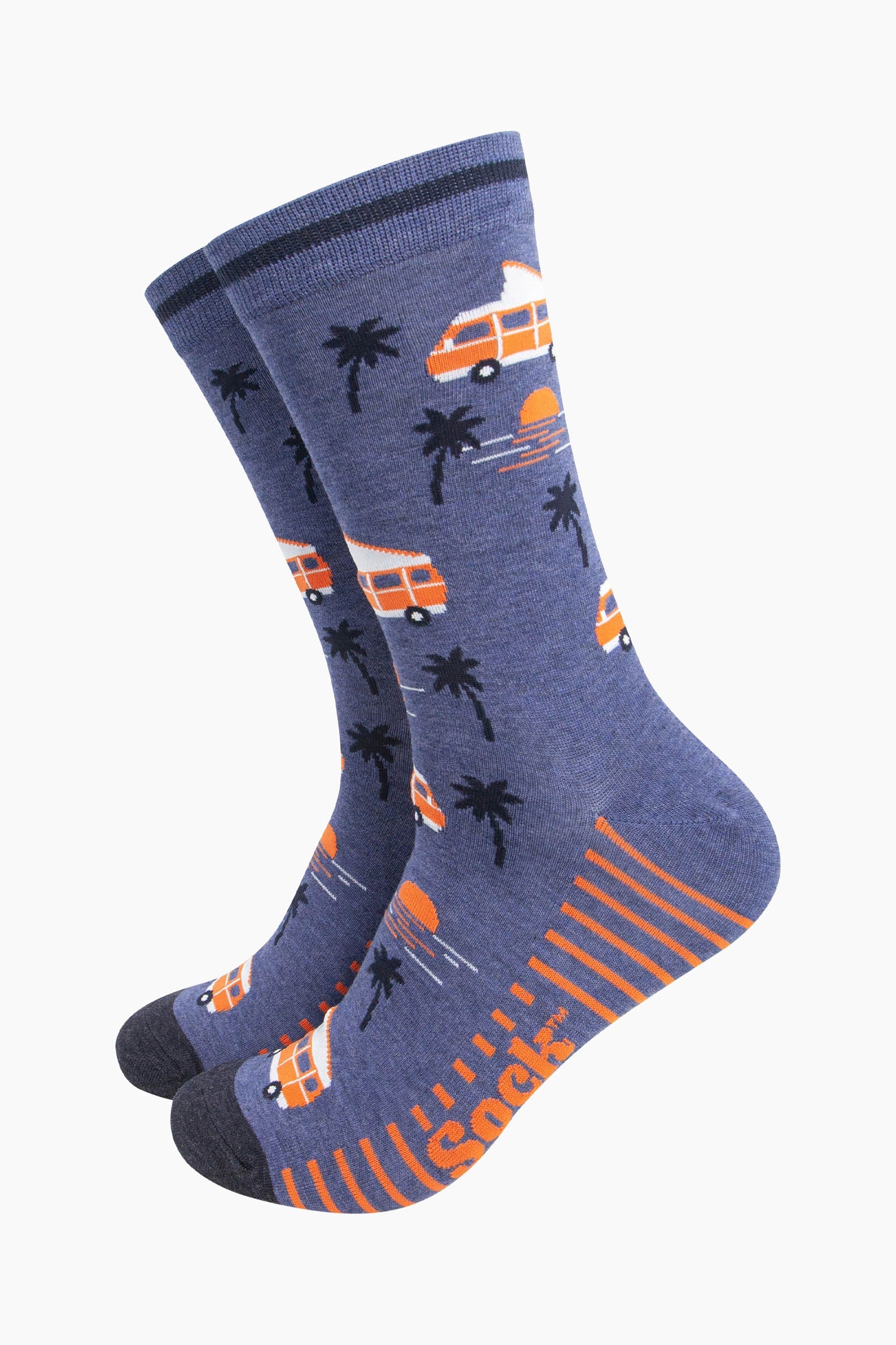 mens-bamboo-socks-denim-blue-campervan-beach-palm-trees-motorhomes-sunset