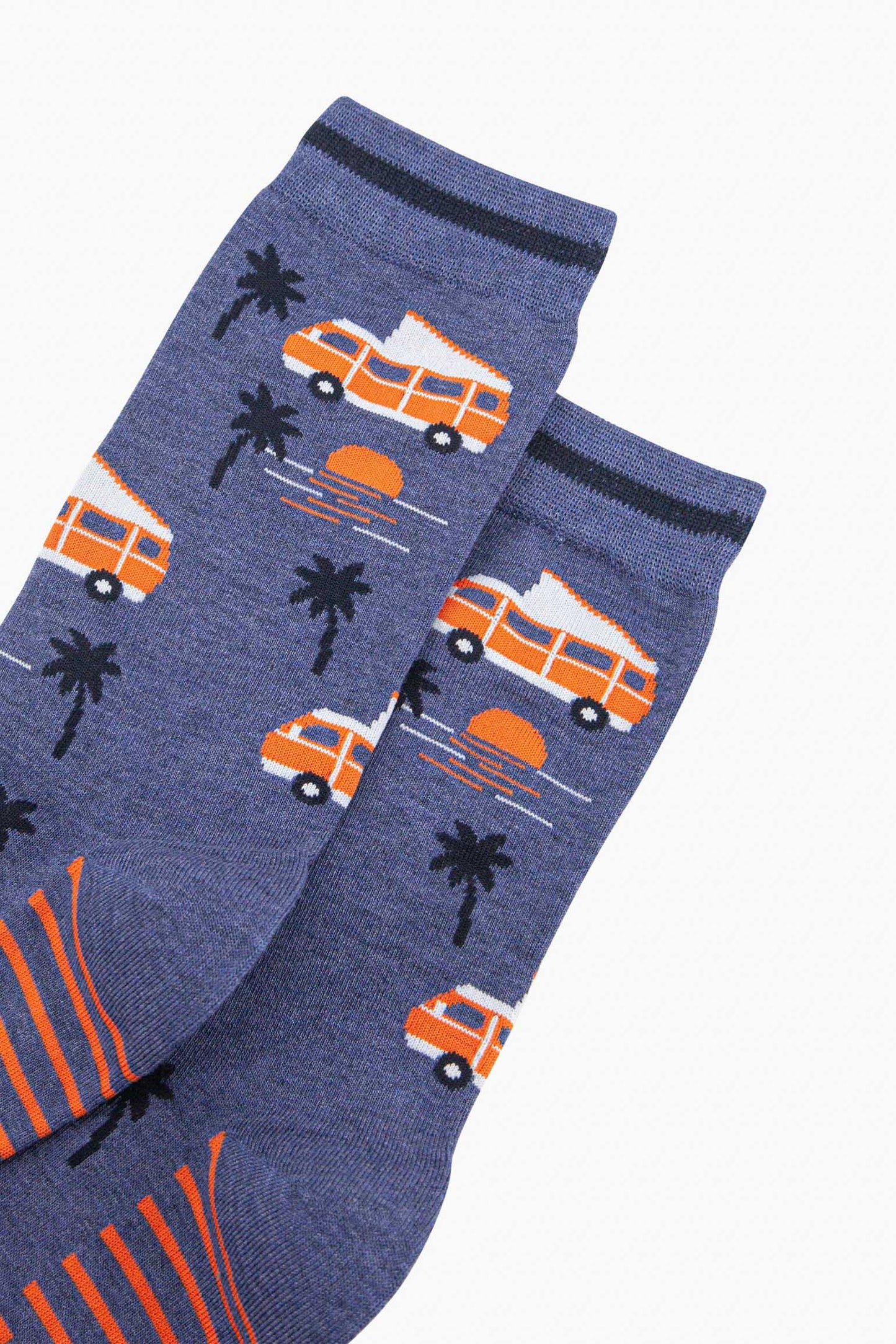 mens-bamboo-socks-denim-blue-campervan-beach-close-up-palm-trees-vintage-motorhomes-sun-set