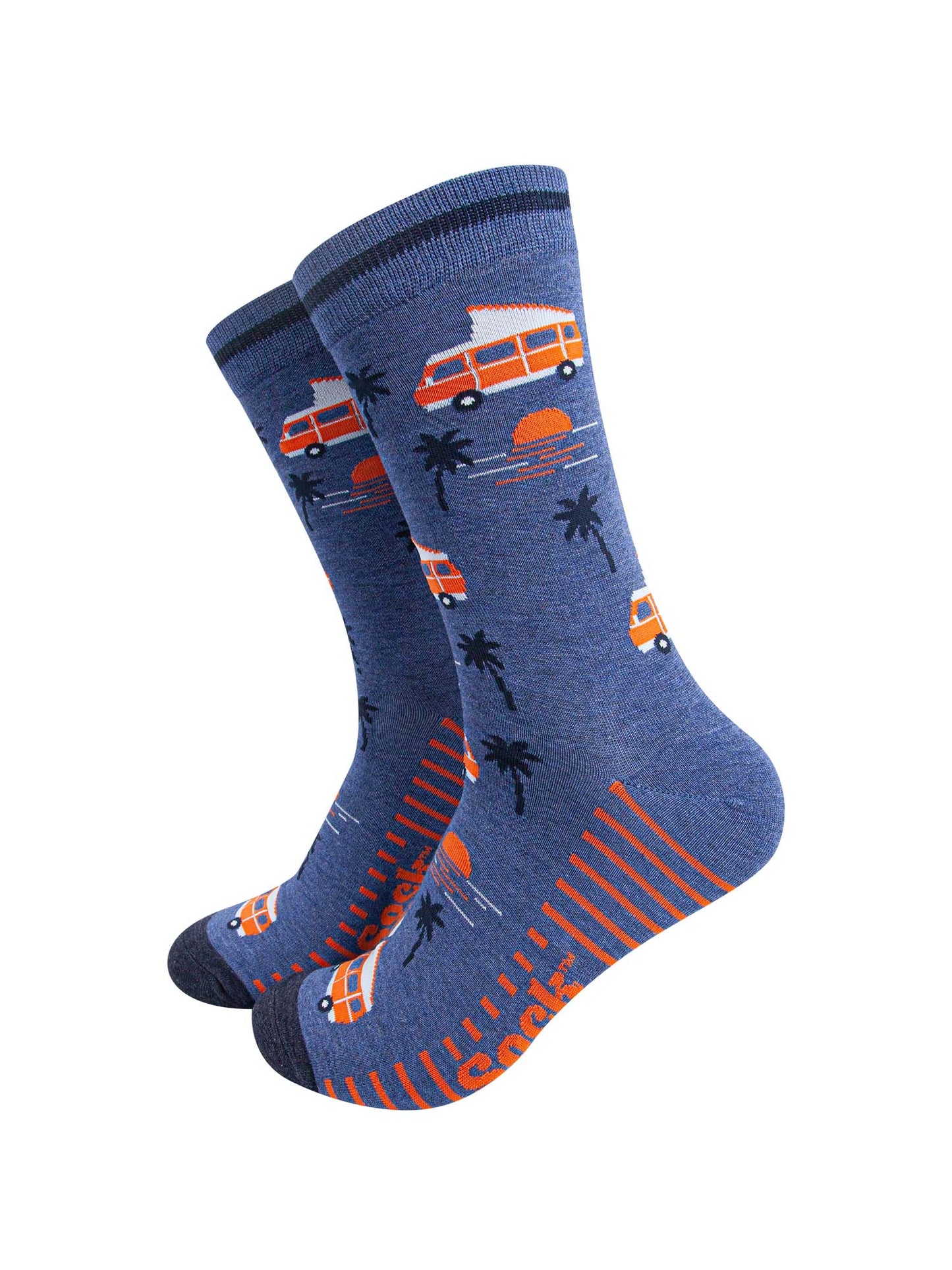 mens-bamboo-socks-denim-blue-campervan-beach-palm-trees-motorhomes-sunset