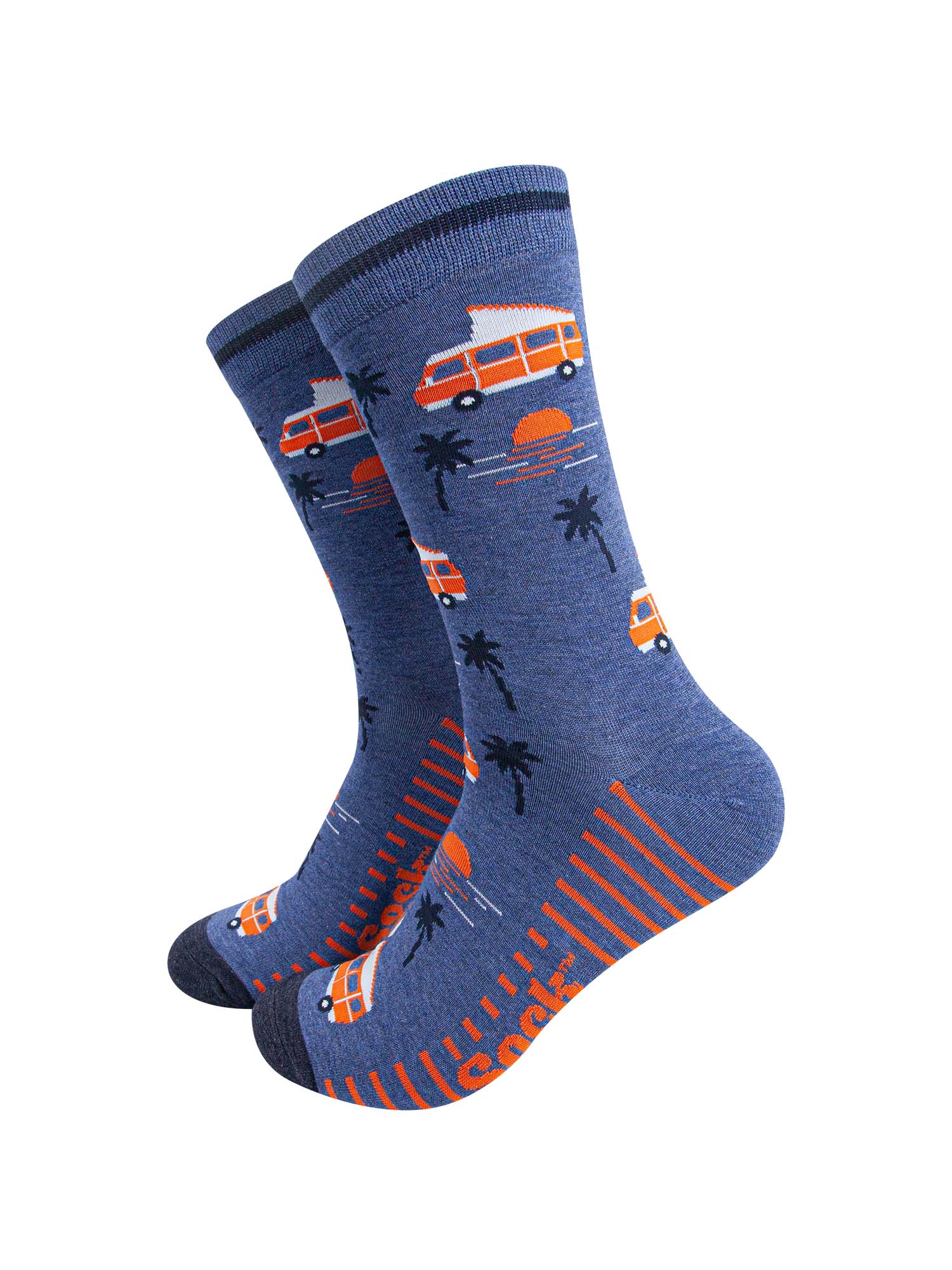 mens-bamboo-socks-denim-blue-campervan-beach-palm-trees-motorhomes-sunset