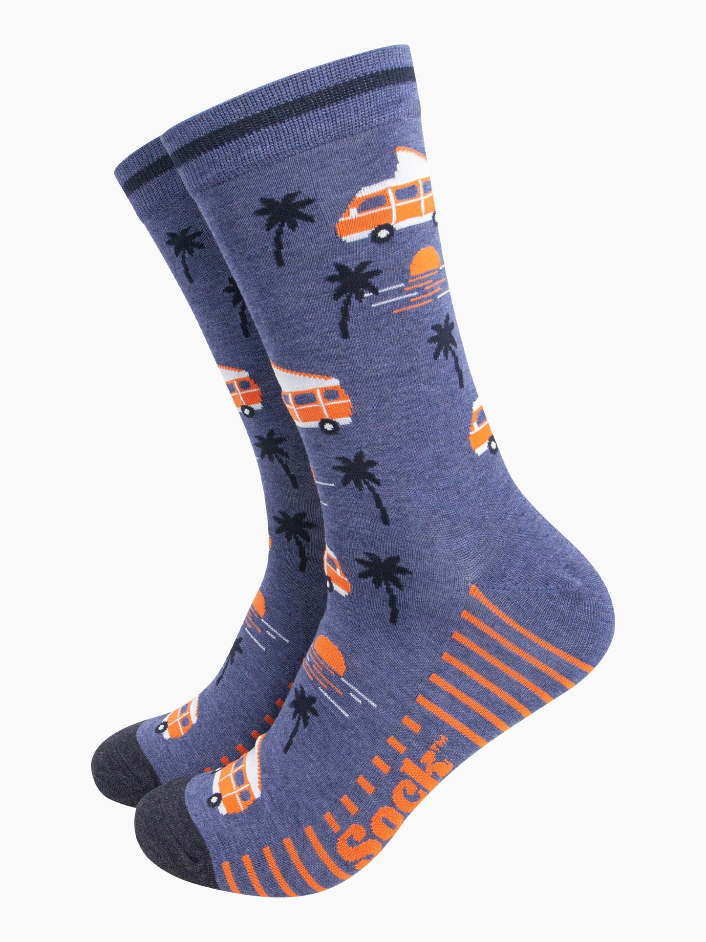 mens-bamboo-socks-denim-blue-campervan-beach-palm-trees-motorhomes-sunset