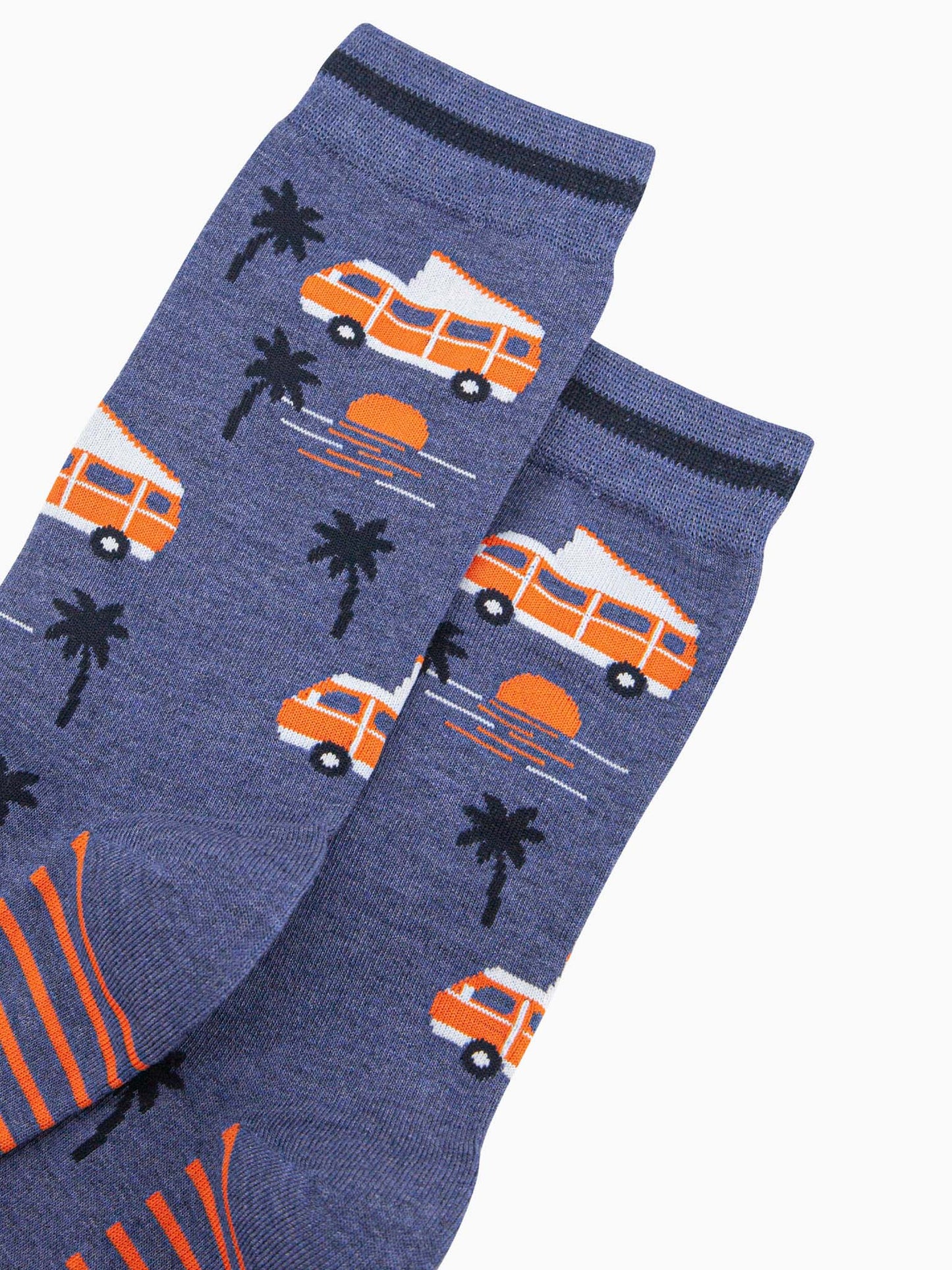 mens-bamboo-socks-denim-blue-campervan-beach-close-up-palm-trees-vintage-motorhomes-sun-set