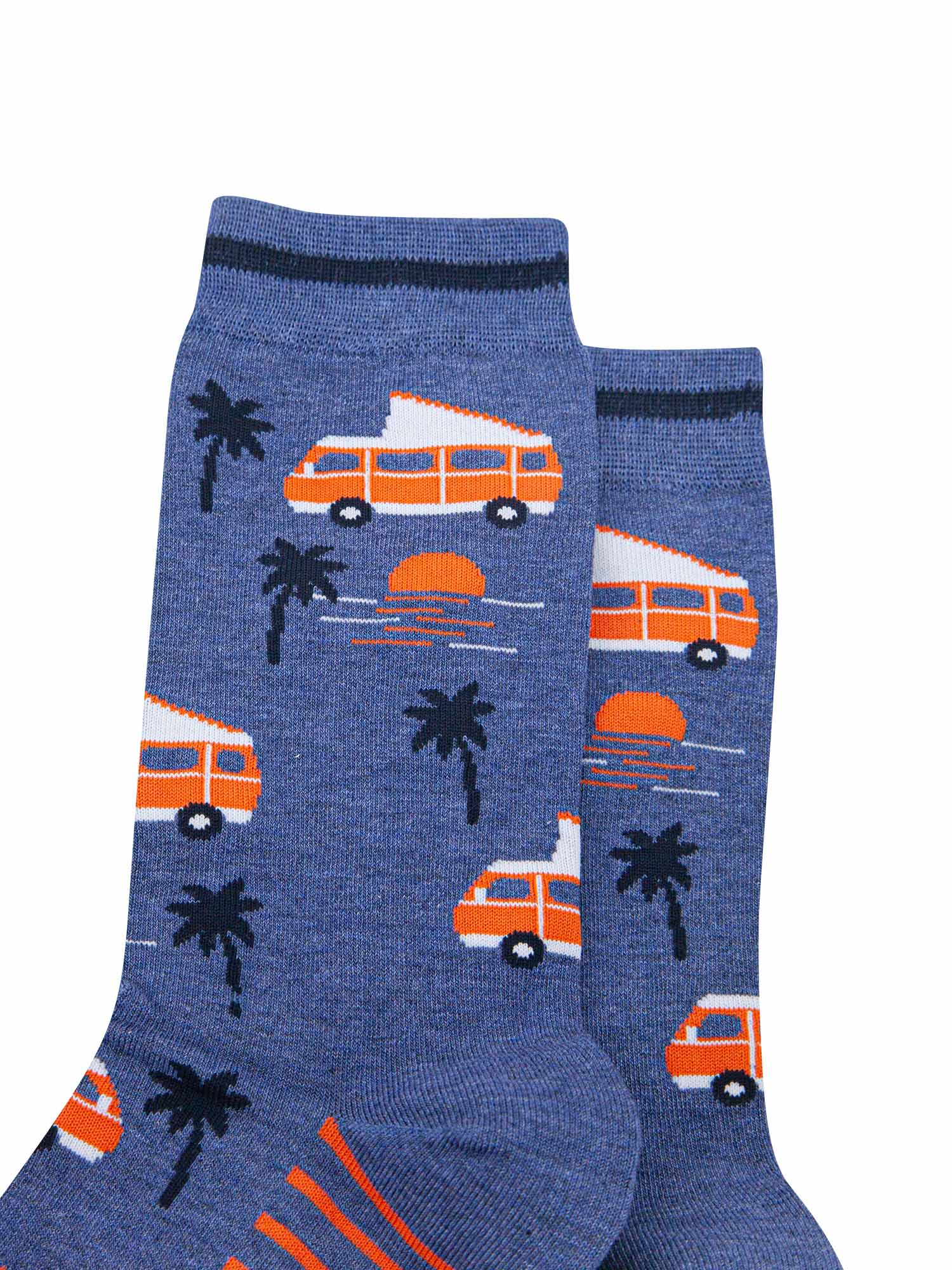 mens-bamboo-socks-denim-blue-campervan-beach-close-up-palm-trees-vintage-motorhomes-sun-set