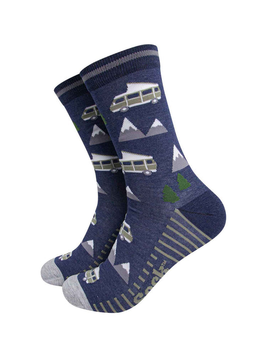 mens-bamboo-socks-navy-campervan-mountains-trees-outdoor-scenery-camping