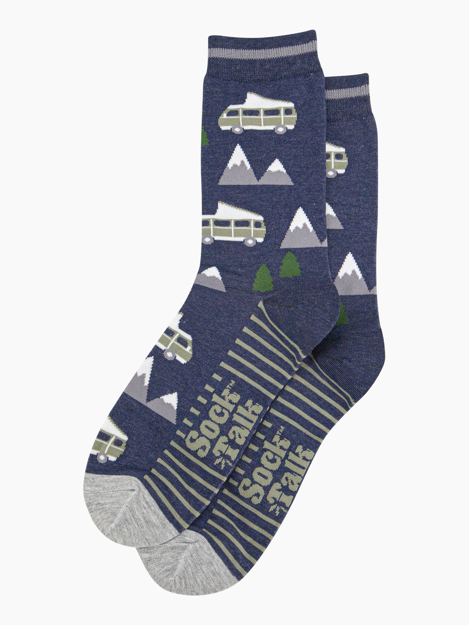 mens-bamboo-socks-navy-campervan-mountains-laying-flat