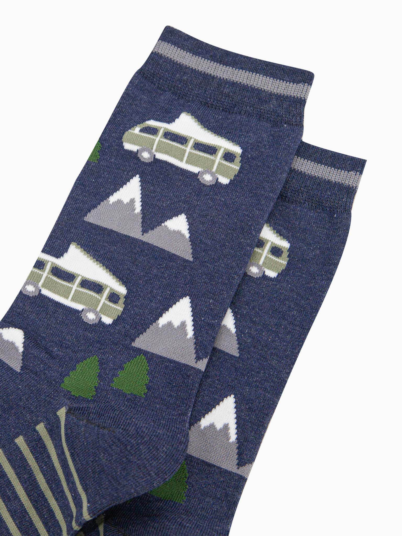 mens-bamboo-socks-navy-campervan-mountains-close-up-snow-capped-mountains-trees-camping-scenery