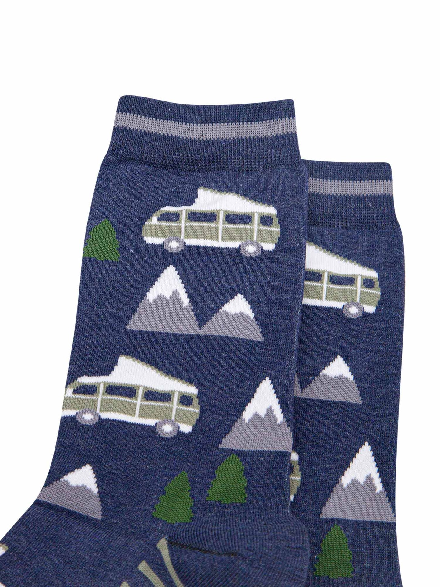 mens-bamboo-socks-navy-campervan-mountains-close-up-snow-capped-mountains-trees-camping-scenery