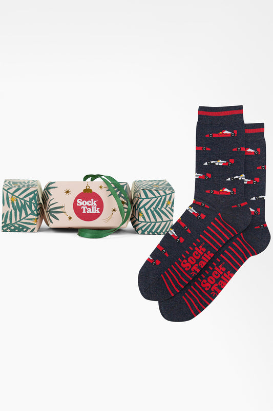 Men's Bamboo Crew Socks Christmas Cracker Gift Box - Navy/Red, Race Cars