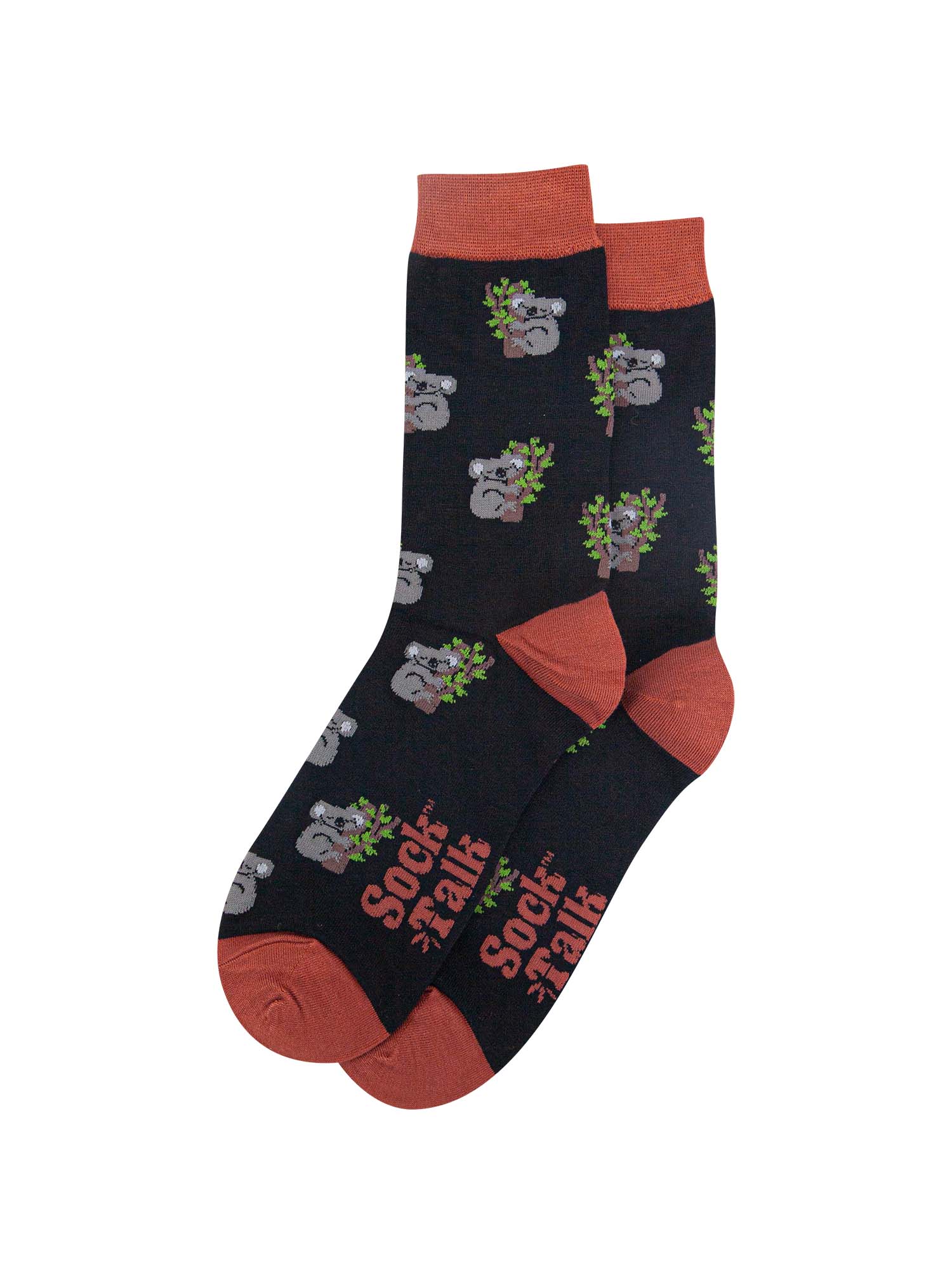 mens black koala bamboo socks, featuring grey koala bears sleeping in trees