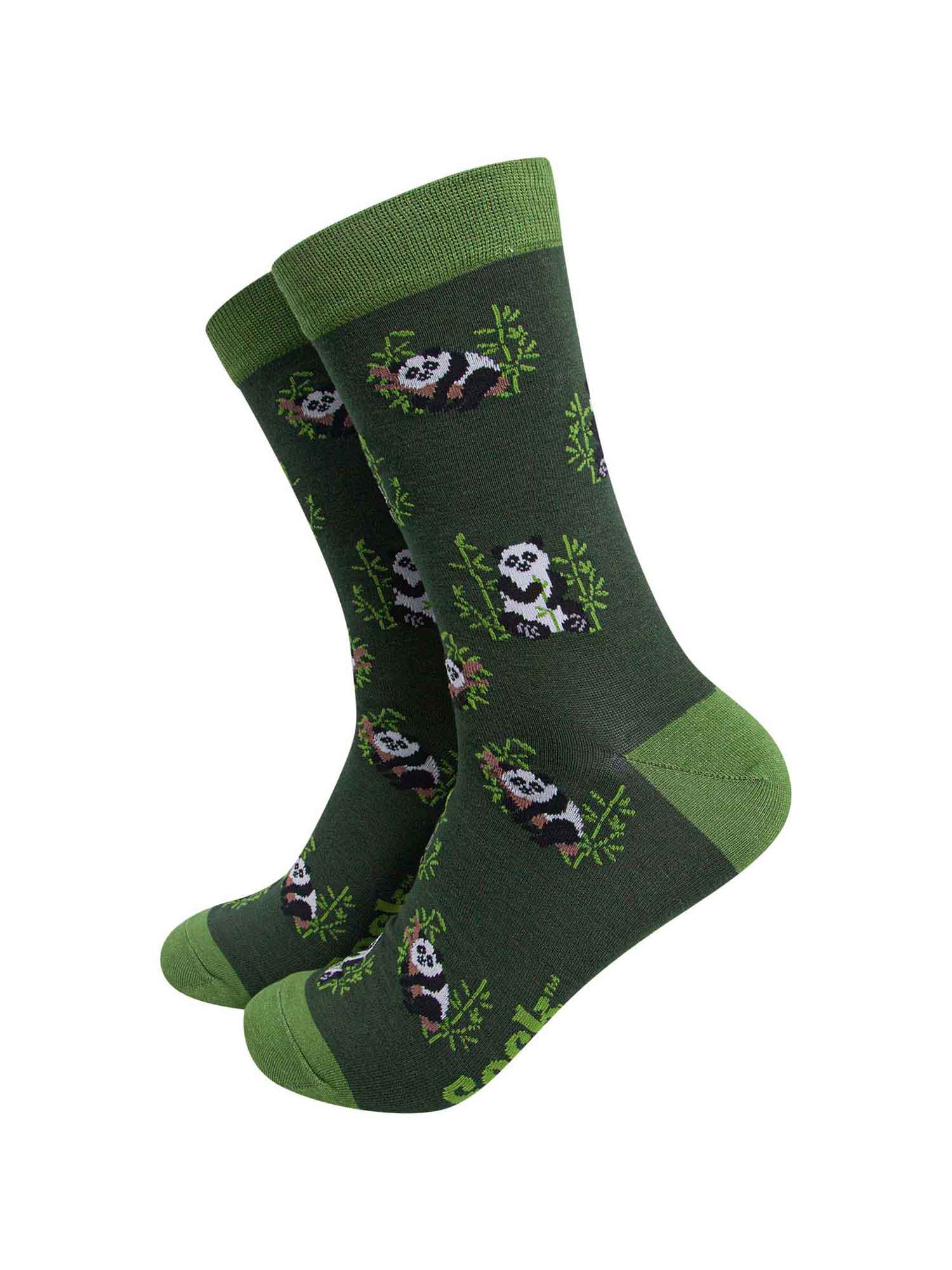 green bamboo dress socks featuring an all over panda and bamboo shoot pattern