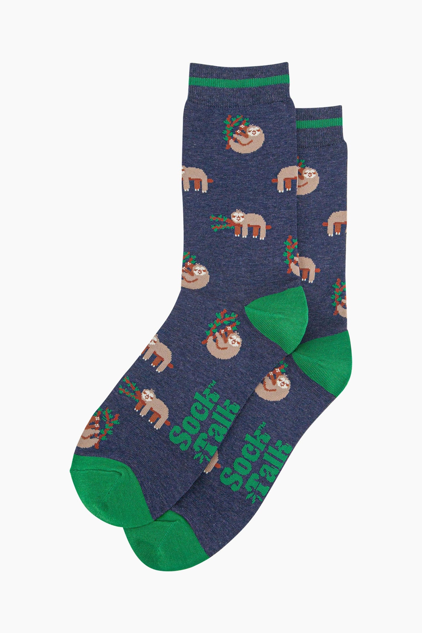 mens-bamboo-socks-navy-sloth-laying-flat-repeated-sleeping-sloths-tree-branches