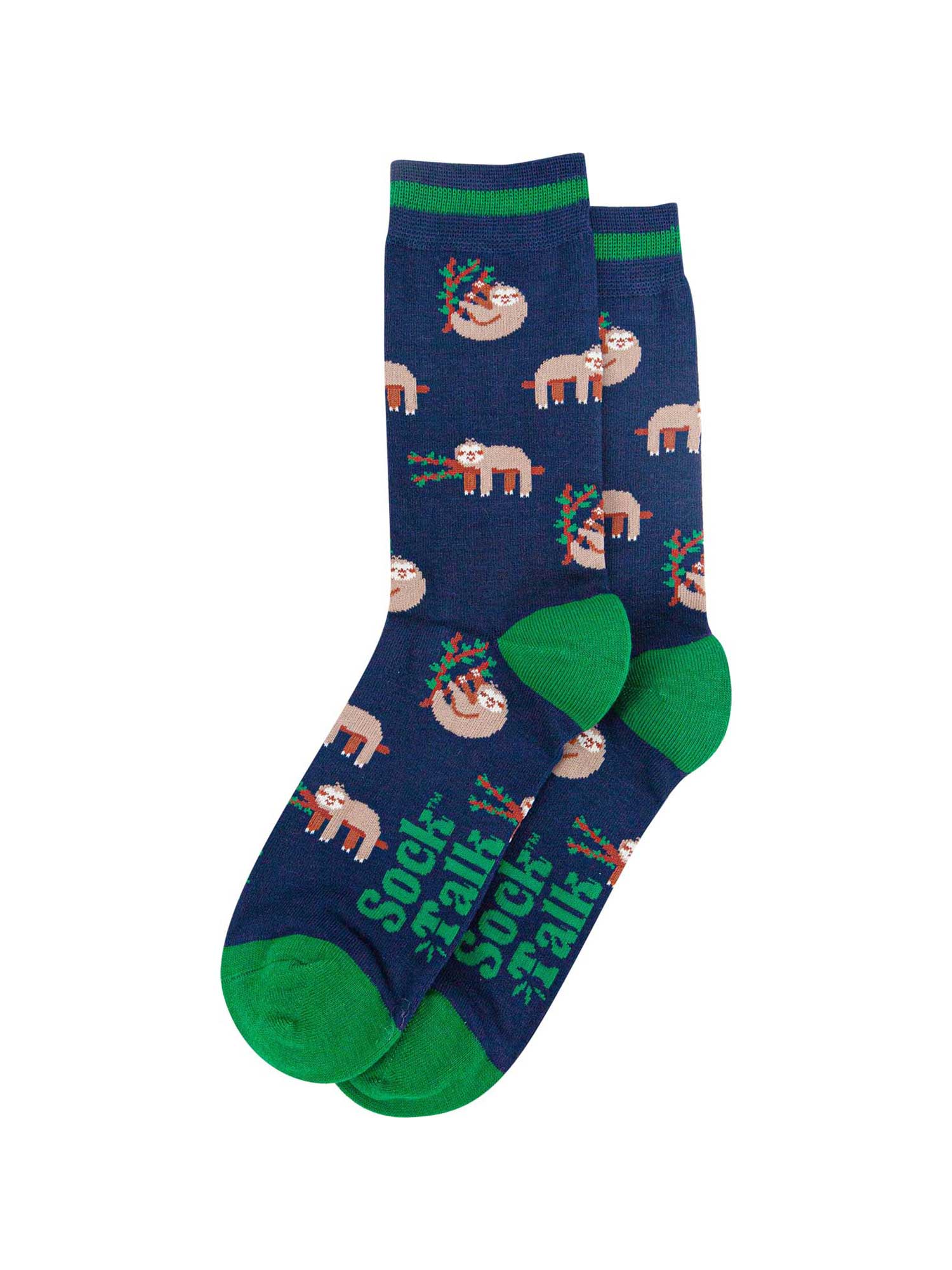mens-bamboo-socks-navy-sloth-laying-flat-repeated-sleeping-sloths-tree-branches