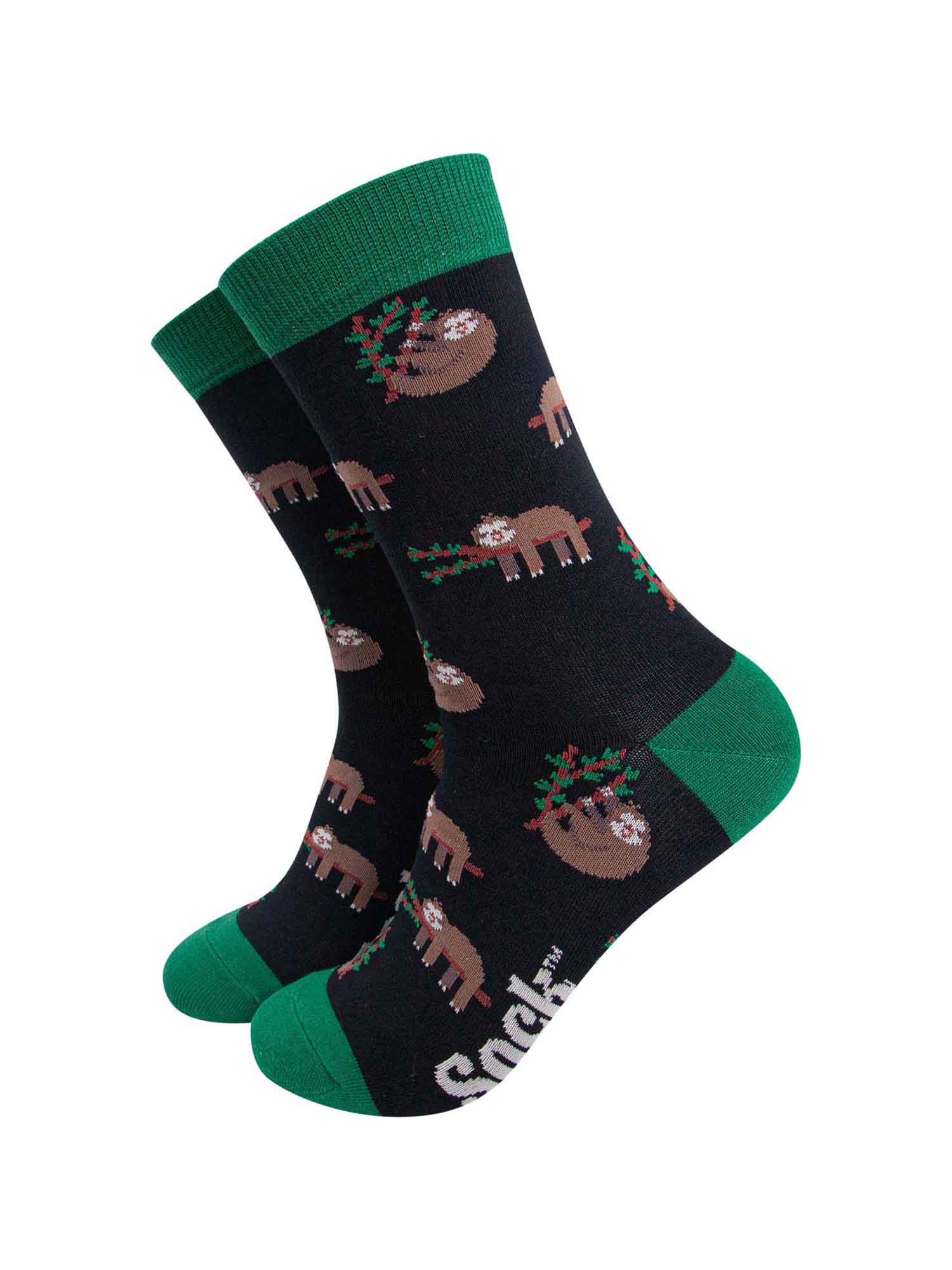 mens black and green bamboo socks with an all over pattern of sleeping sloths