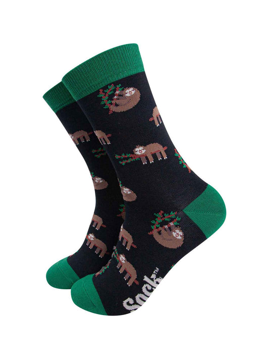 mens black and green bamboo socks with an all over pattern of sleeping sloths