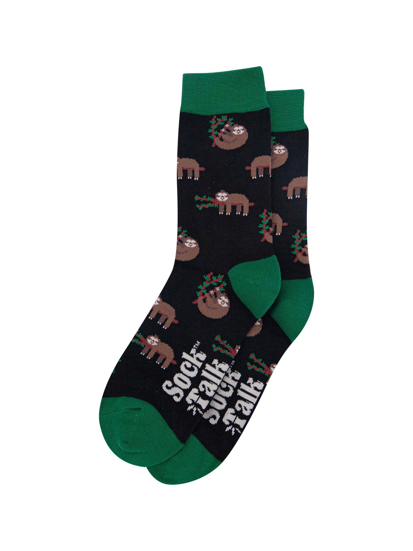 mens black and green bamboo socks with an all over pattern of sleeping sloths