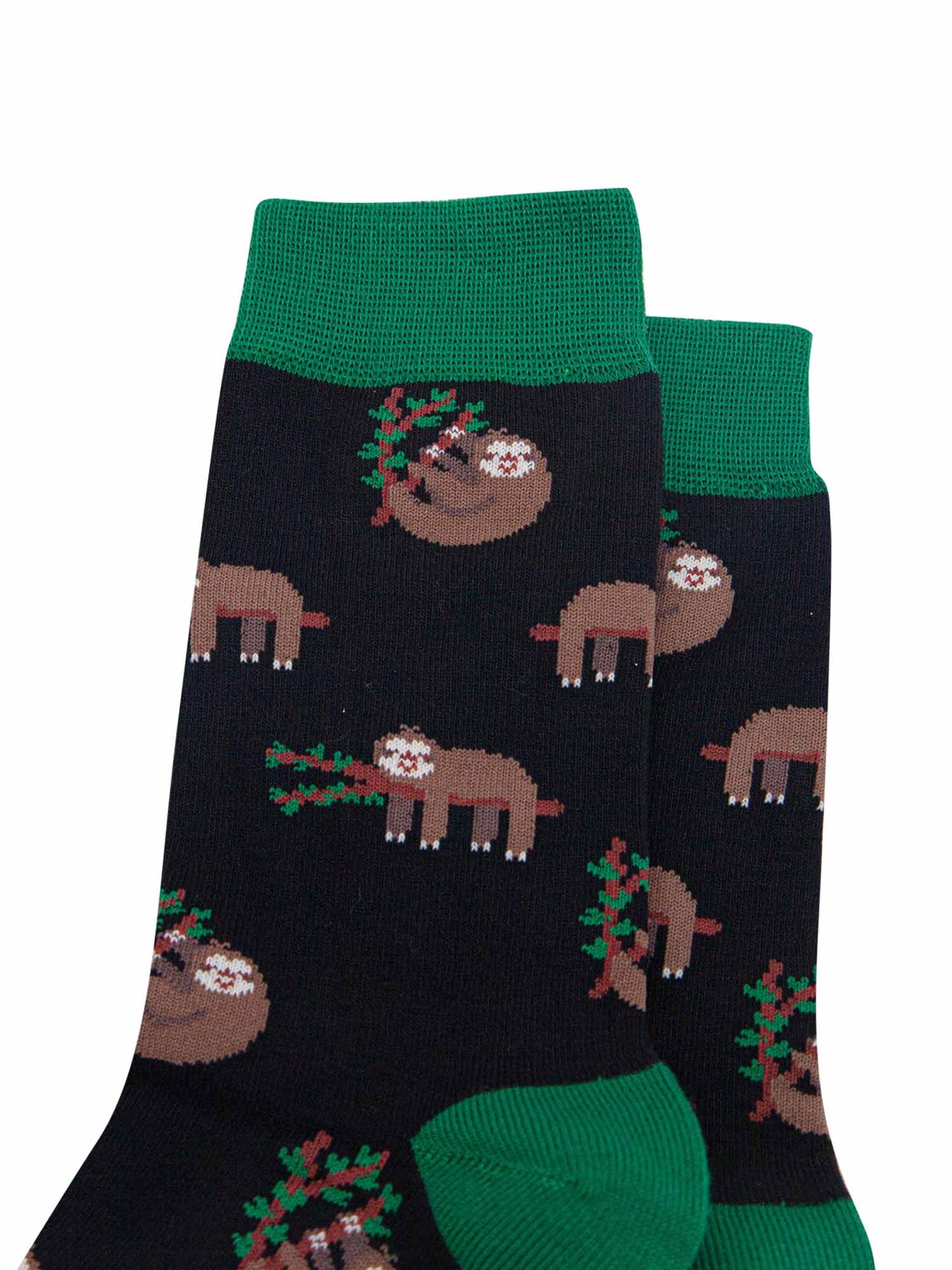 mens black and green bamboo socks with an all over pattern of sleeping sloths
