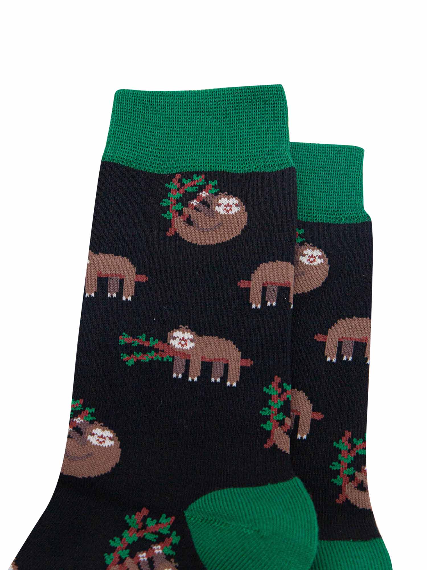 mens black and green bamboo socks with an all over pattern of sleeping sloths