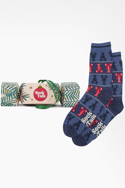 Men's Bamboo Crew Socks Christmas Cracker Gift Box - Denim Blue/Red, Lobster Fair Isle