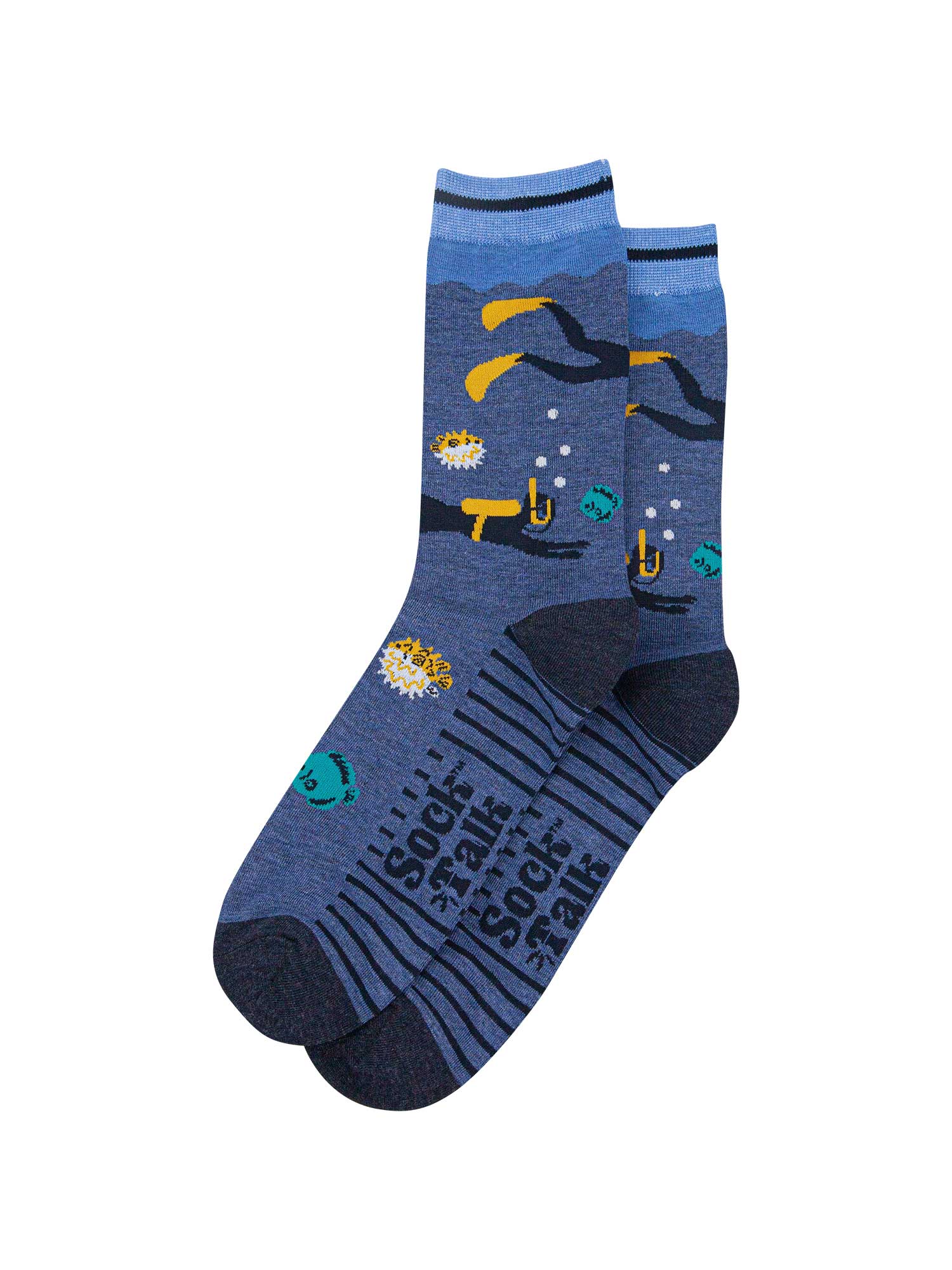 mens-bamboo-socks-denim-blue-scuba-diver-and-fish-laying-flat-diver-swimming-underwater-puffer-fish
