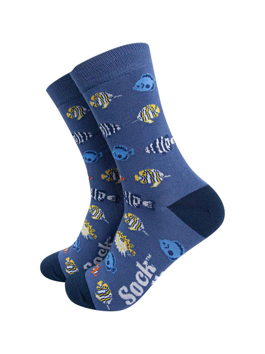 blue bamboo dress socks with an all over pattern of multicoloured tropical fish