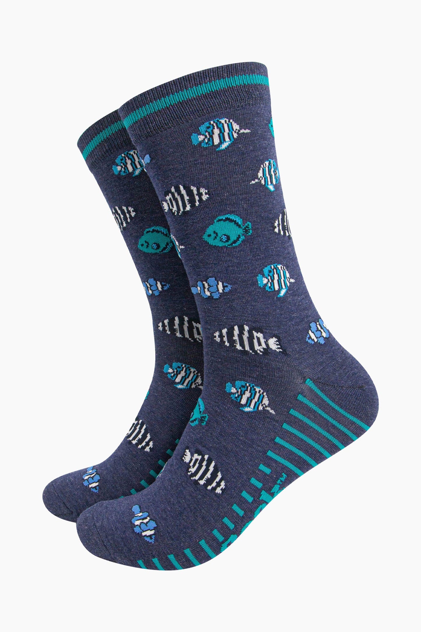 mens-bamboo-socks-navy-tropical-fish-pattern-blue-black-striped-aquarium-fishes