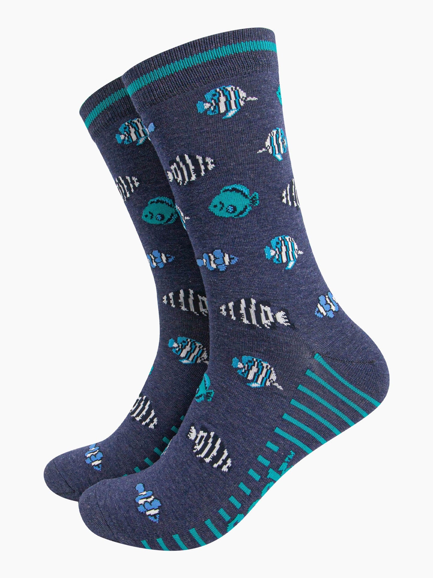 mens-bamboo-socks-navy-tropical-fish-pattern-blue-black-striped-aquarium-fishes