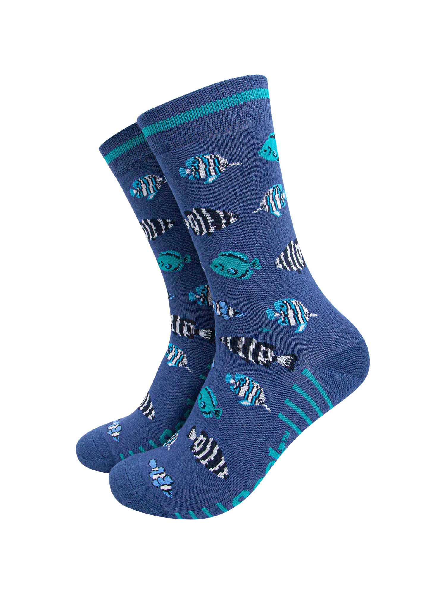 mens-bamboo-socks-navy-tropical-fish-pattern-blue-black-striped-aquarium-fishes