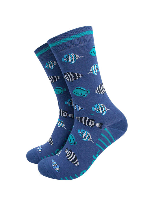 mens-bamboo-socks-navy-tropical-fish-pattern-blue-black-striped-aquarium-fishes