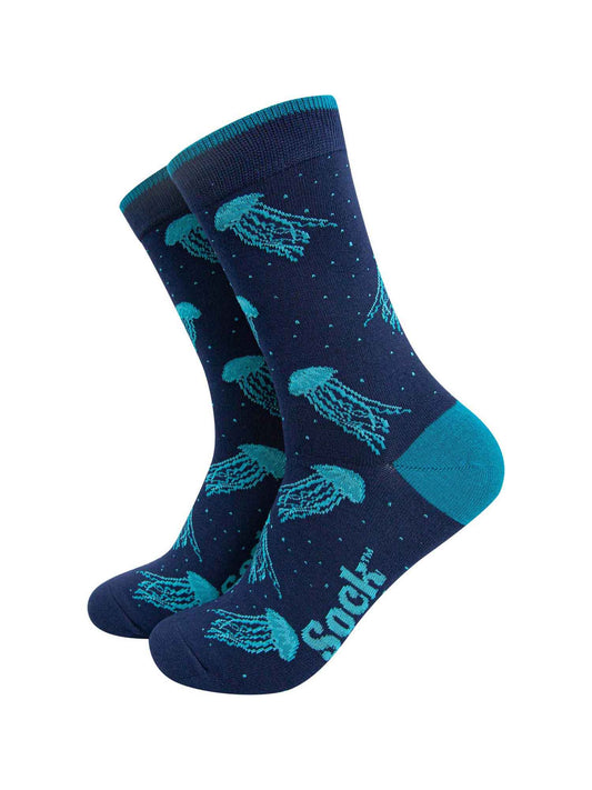 blue bamboo dress socks with an all over blue floating jellyfish pattern