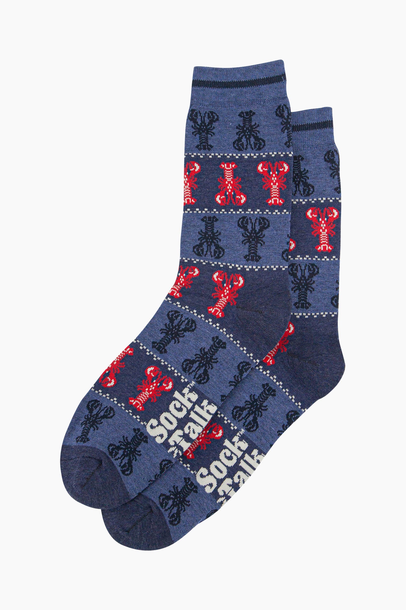 mens-bamboo-socks-denim-blue-lobster-fair-isle-laying-flat-lobster-pattern-all-over