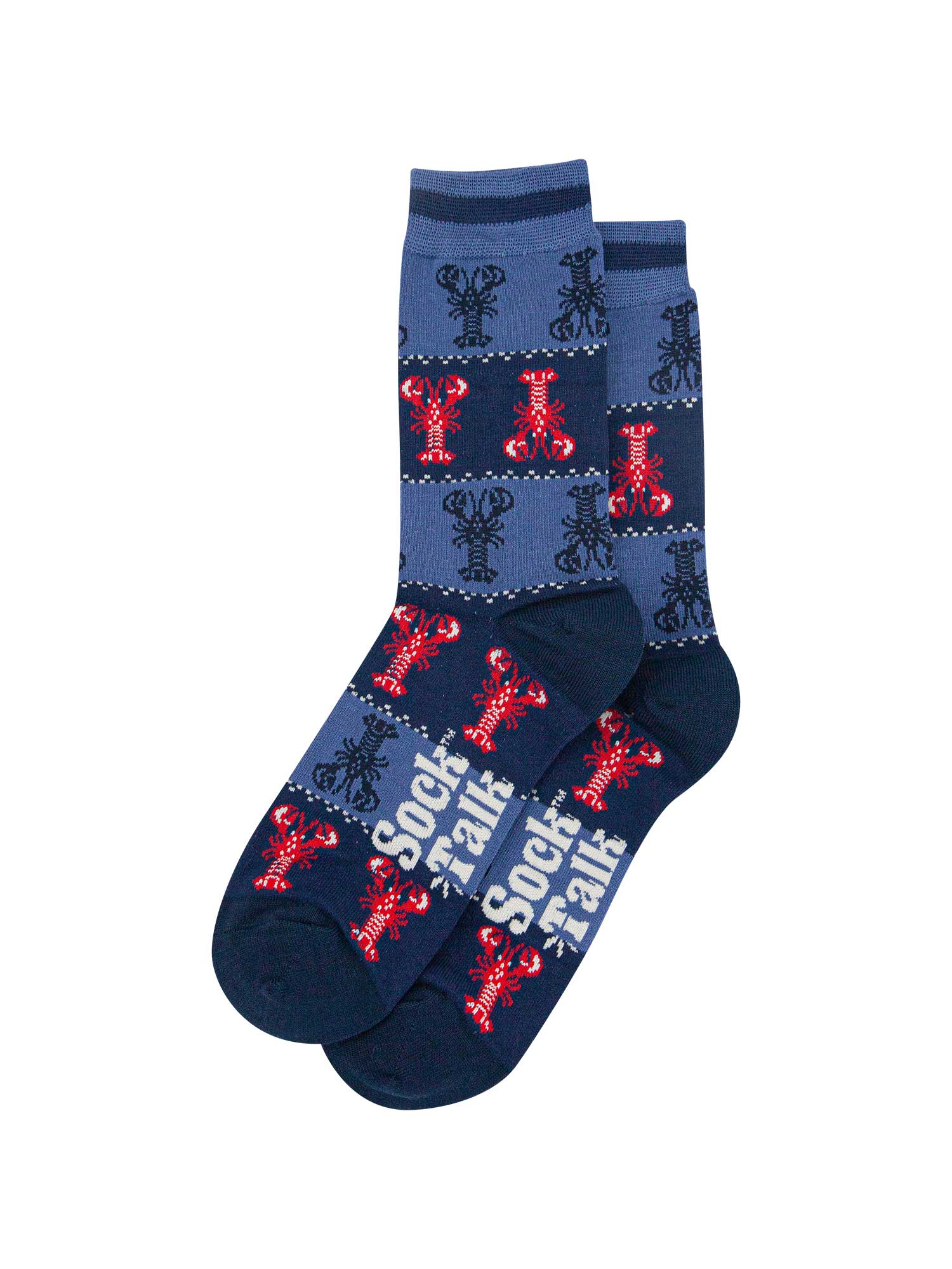 mens-bamboo-socks-denim-blue-lobster-fair-isle-laying-flat-lobster-pattern-all-over