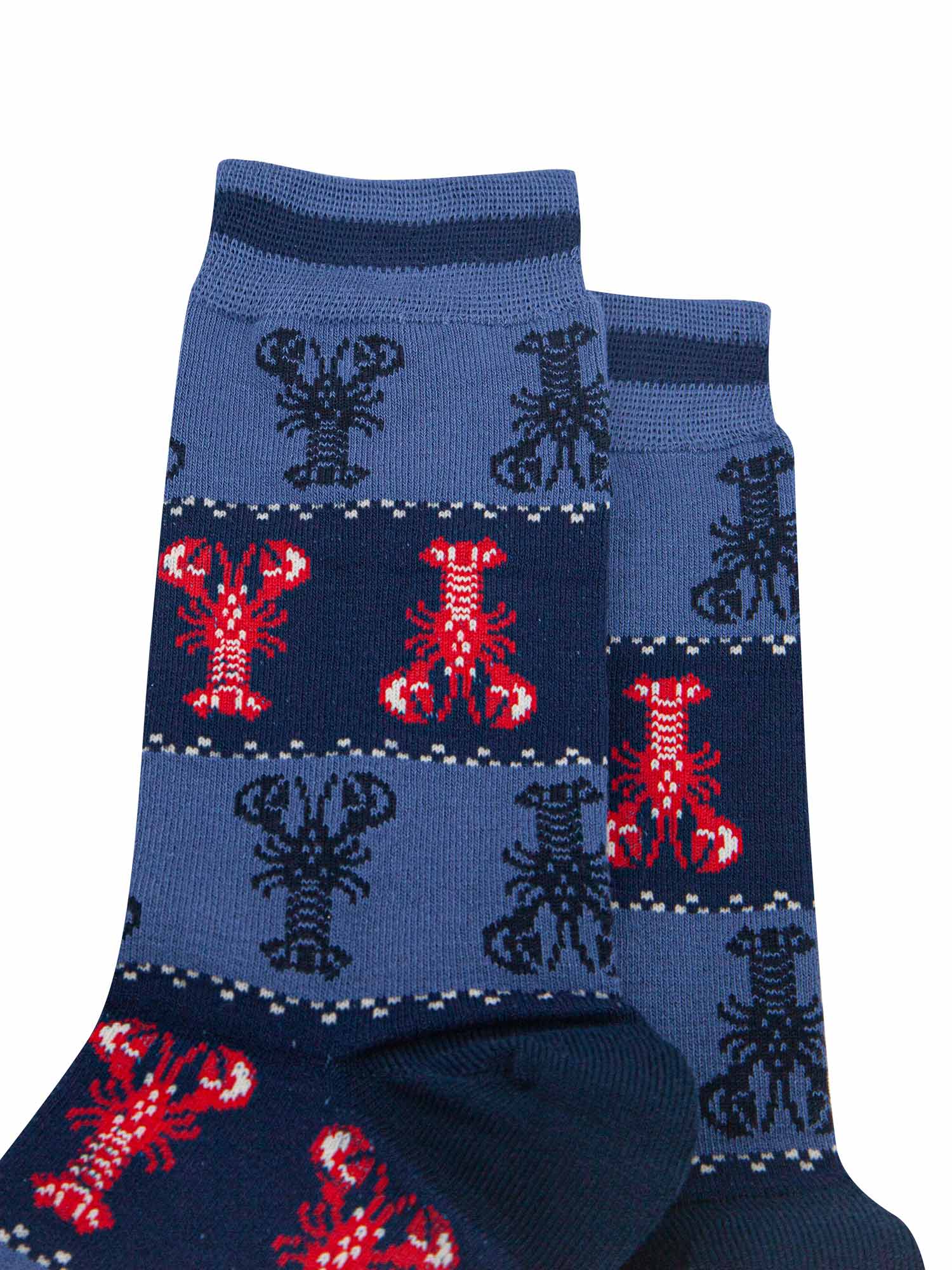 mens-bamboo-socks-denim-blue-lobster-fair-isle-close-up-white-fair-isle-dots-large-red-and-blue-lobsters