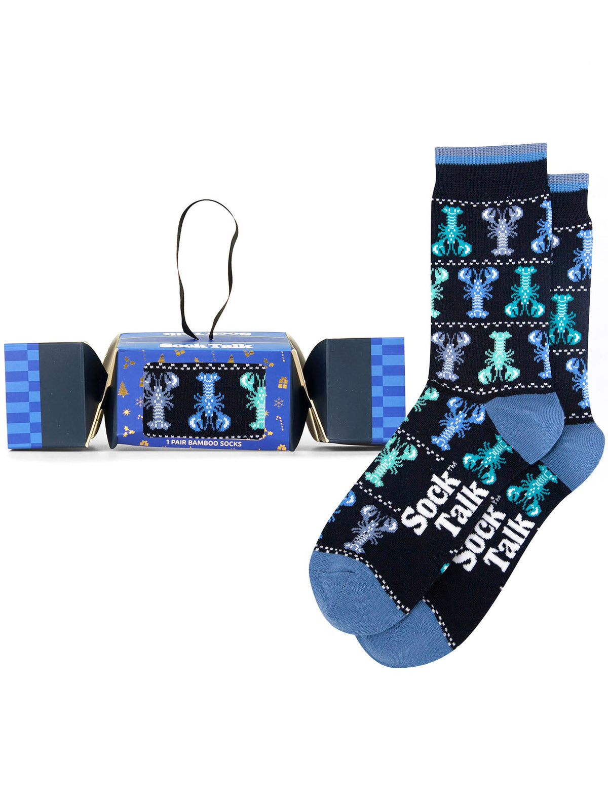 Lobster-Fair-Isle-Bamboo-Crew-Socks-Christmas-Cracker-Gift-Box-in-Navy-Blue
