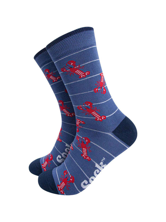denim blue bamboo dress socks with an all over red lobster and white horizontal pin stripe pattern