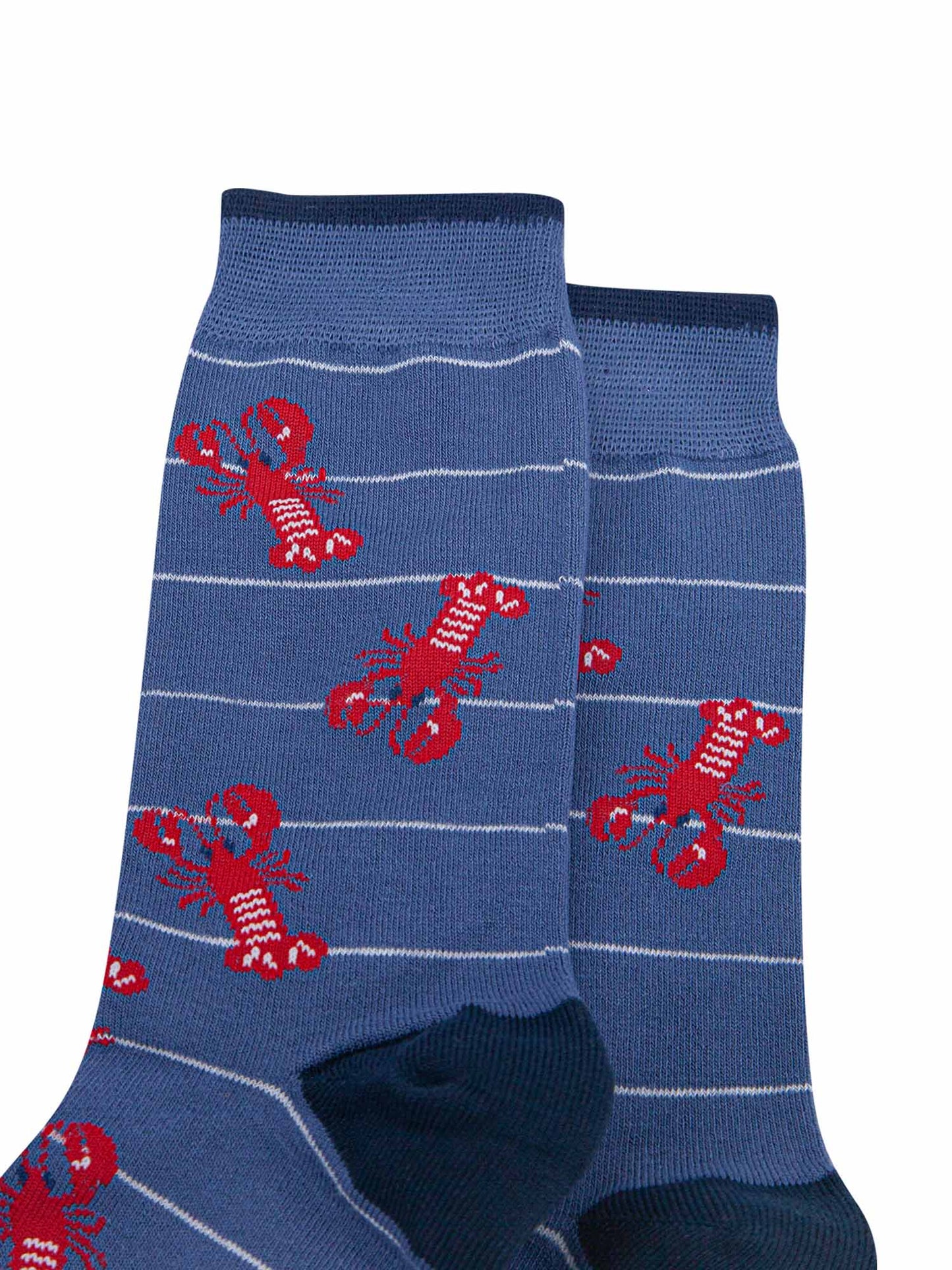 close up of the red lobster pattern on the mens blue bamboo socks