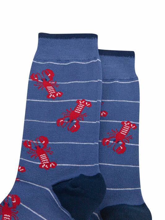 close up of the red lobster pattern on the mens blue bamboo socks
