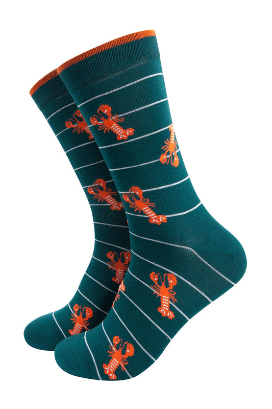 green striped bamboo socks with an all over lobster pattern