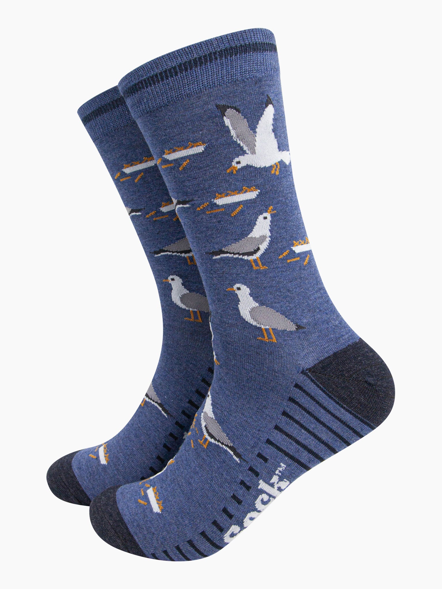 mens-bamboo-socks-denim-blue-thieving-seagulls-pattern-grey-seagull-birds-stealing-french-fries