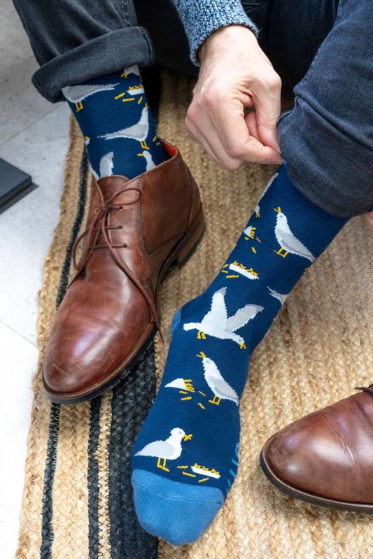 Men's Bamboo Socks - Navy Blue/Denim Blue, Seagulls
