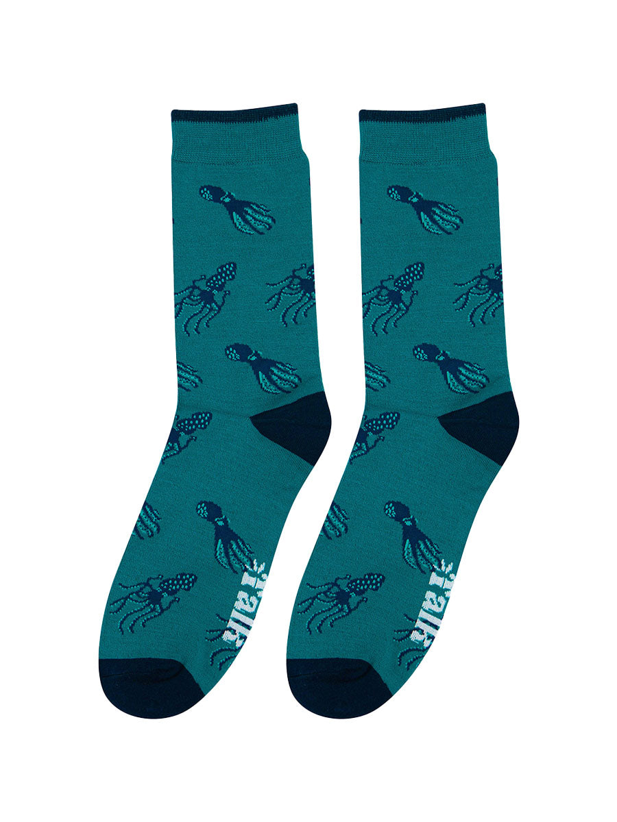 teal and navy blue mens bamboo socks with a pattern of octopus and squid
