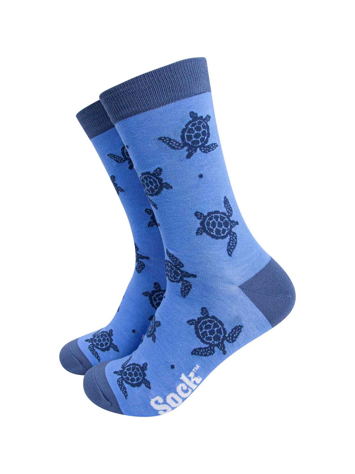 light blue bamboo socks with an all over print of a swimming sea turtle in navy blue