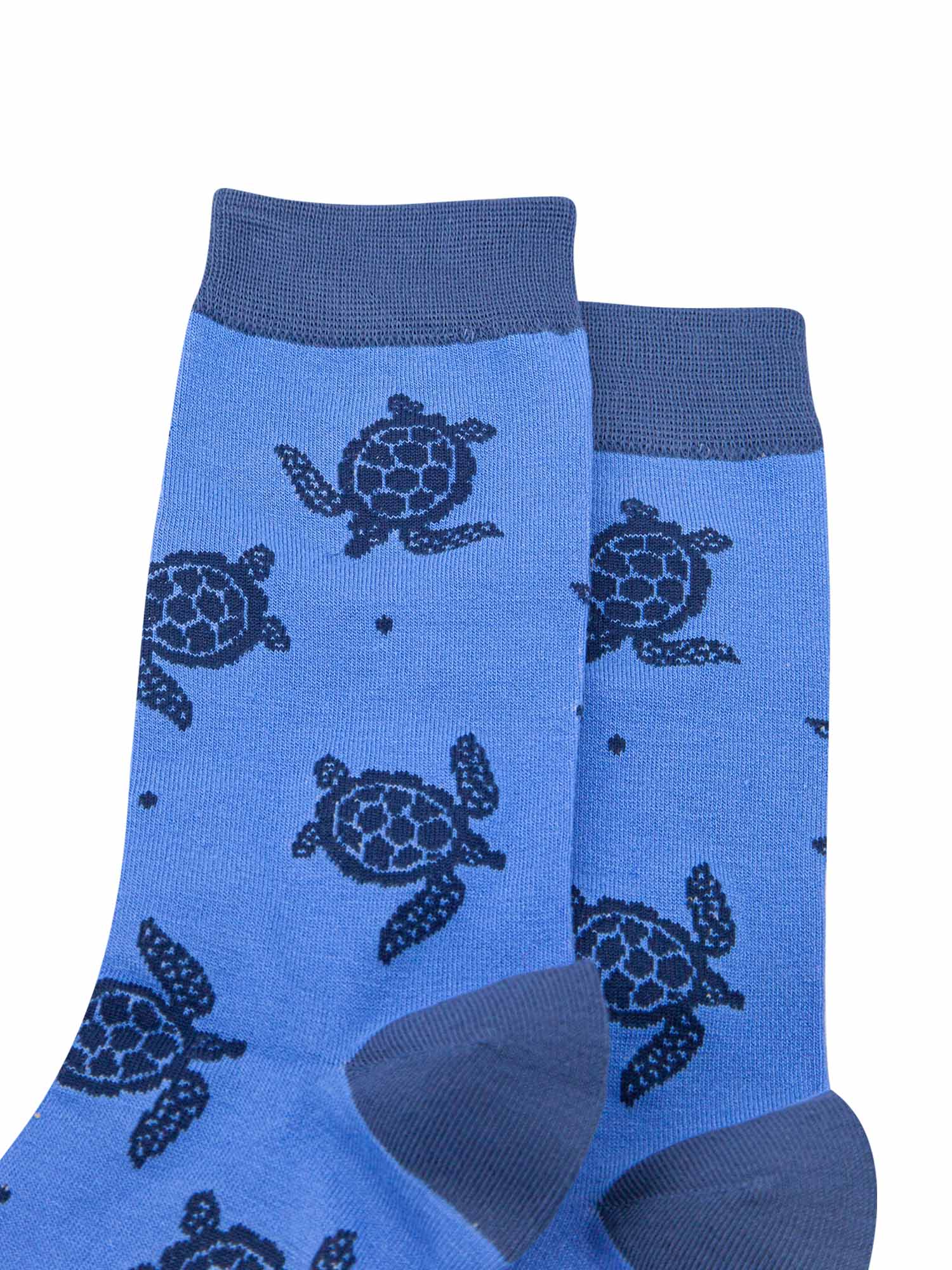 close up of the sea turtle pattern on the mens blue dress socks