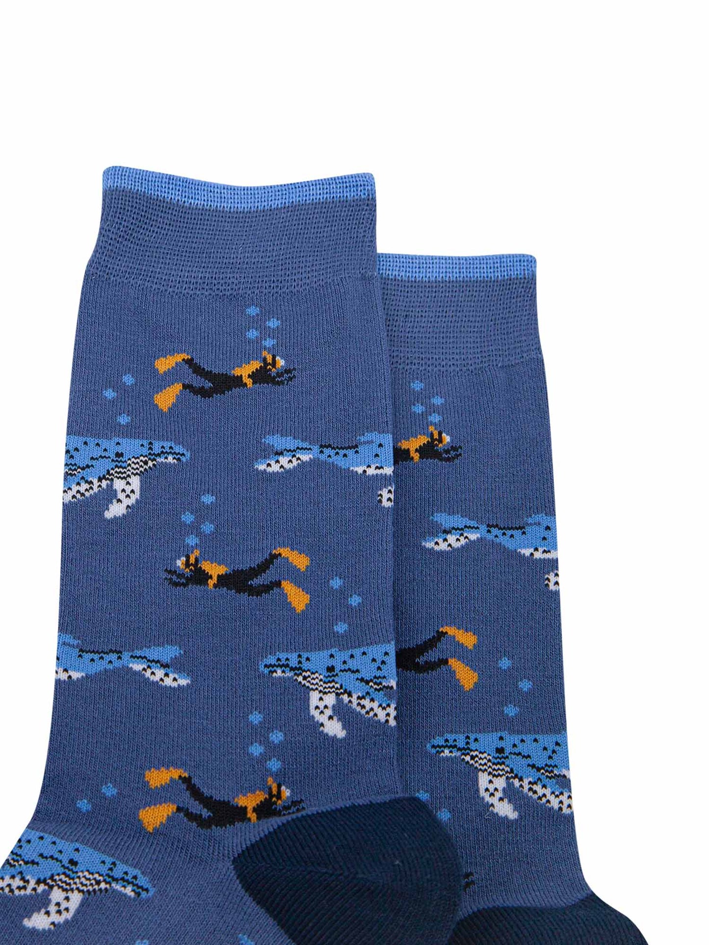 close up of the scuba diver and whale pattern on the bamboo socks