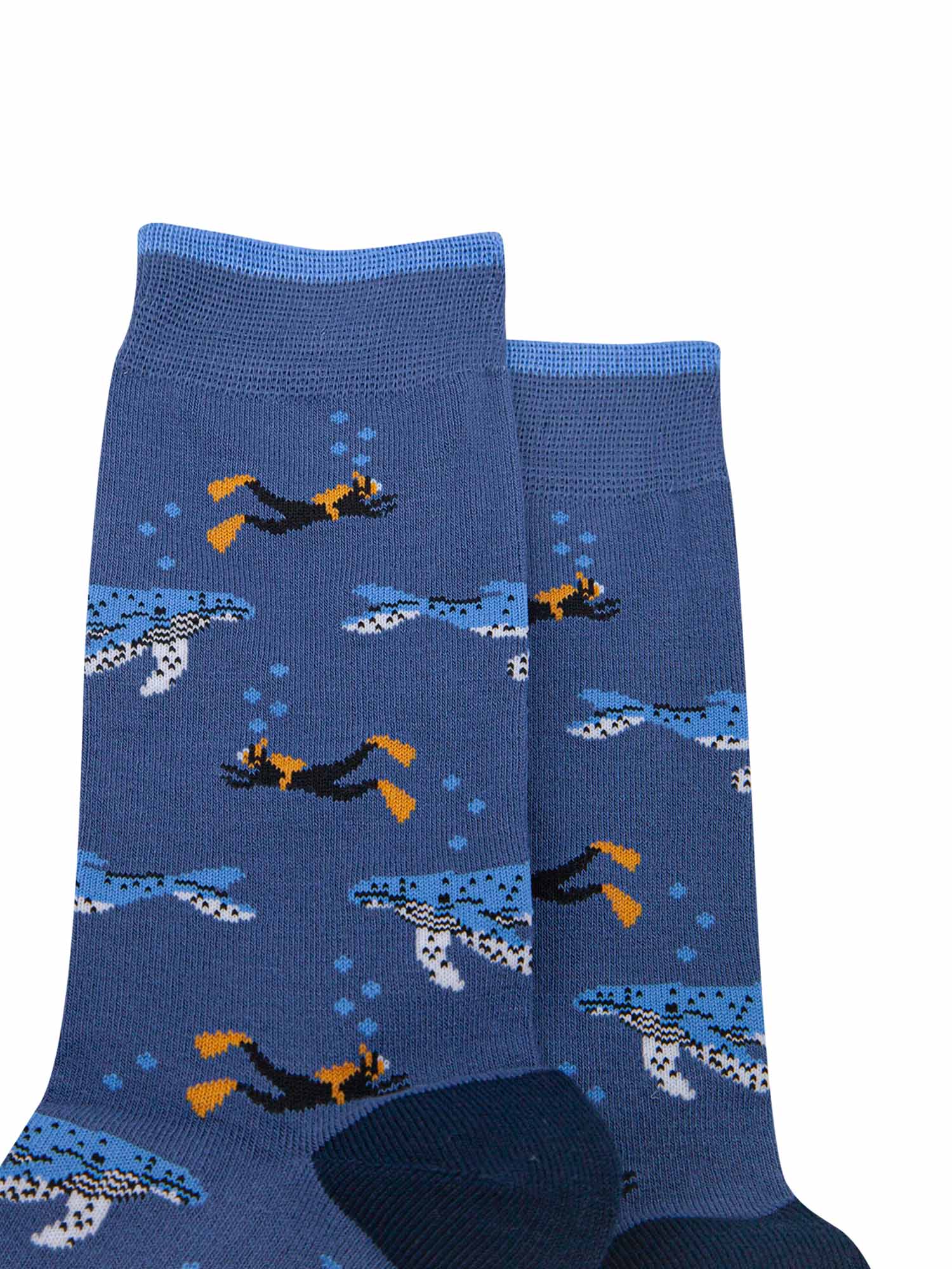 close up of the scuba diver and whale pattern on the bamboo socks