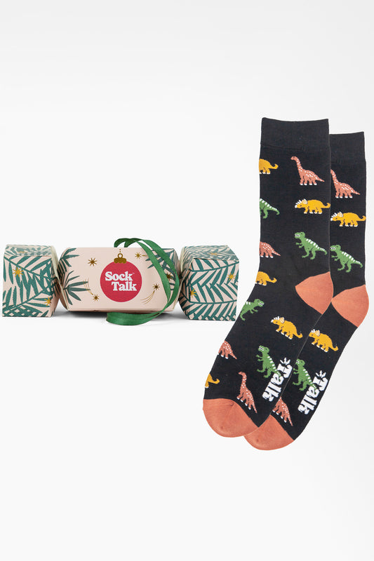Men's Bamboo Crew Socks Christmas Cracker Gift Box - Black/Multi, Dinosaurs