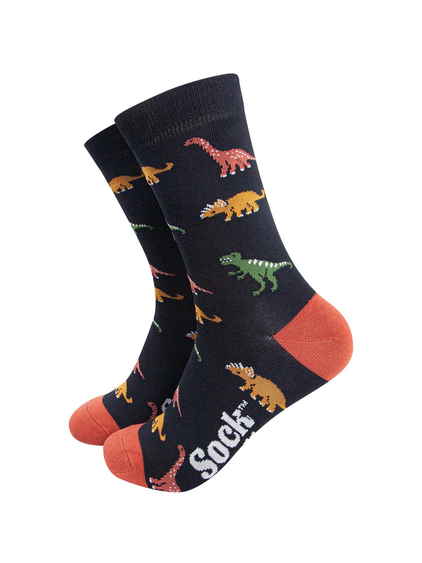 black bamboo socks with an all over patten of assorted dinosaurs in multiple colours, green, orange and yellow